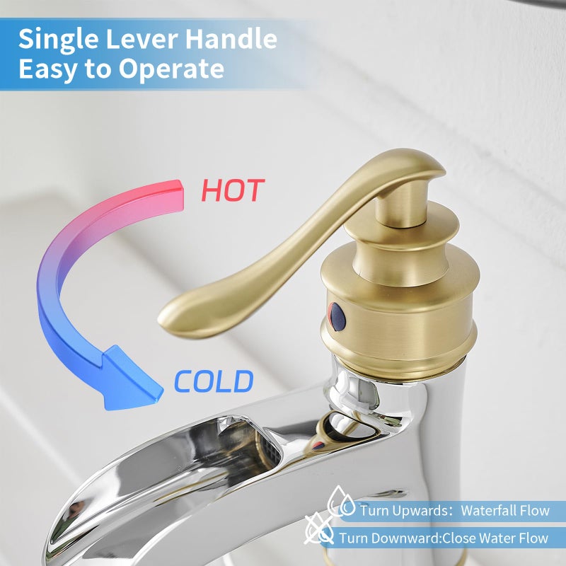 BWE Bathroom Faucet Waterfall Single Handle Chrome and Gold Vanity with Pop Up Drain Stopper with Overflow One Hole Lever Bath Sink Basin Restroom Mixer Tap Commercial Supply Line - Image 4